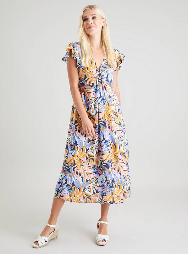 Blue & Golden Leaf Print Midi Dress  12